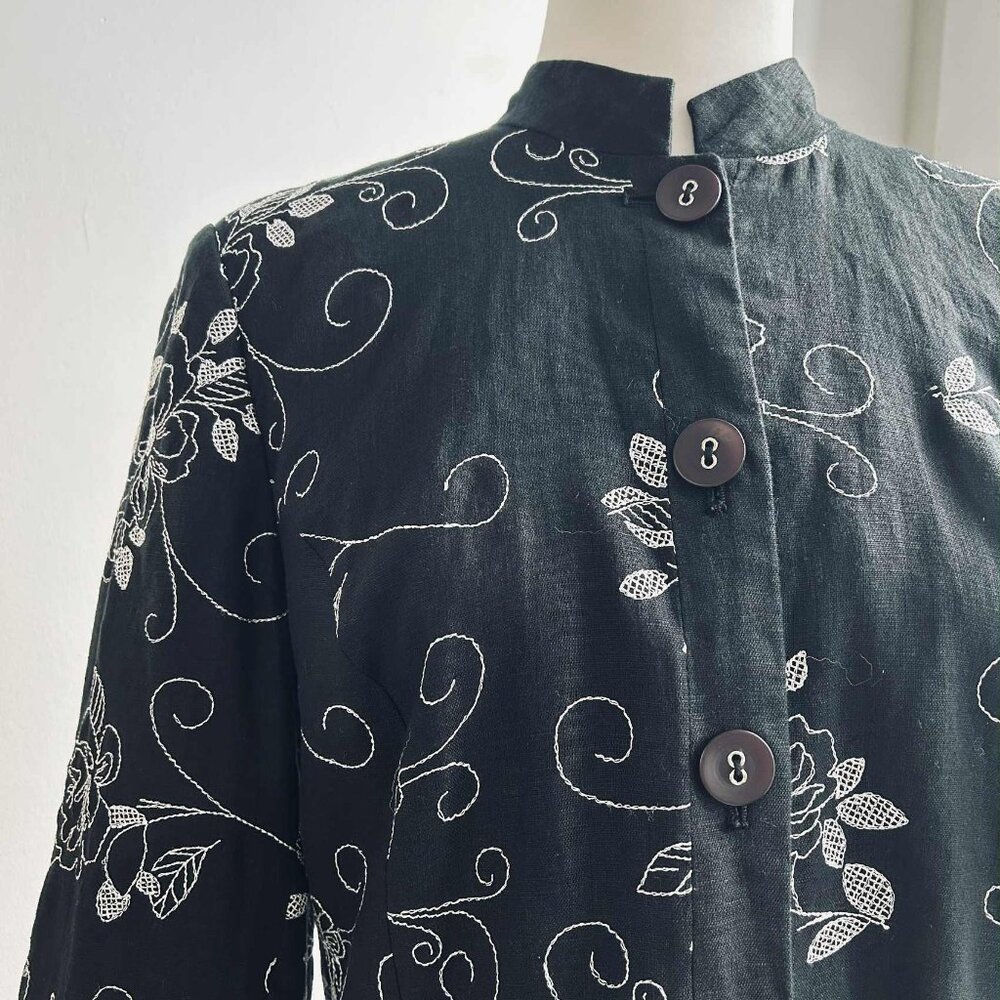 JM Collection Lined Black Linen Floral Embroidered Mandarin-Collar Jacket – US 8 - Picture 1 of 12